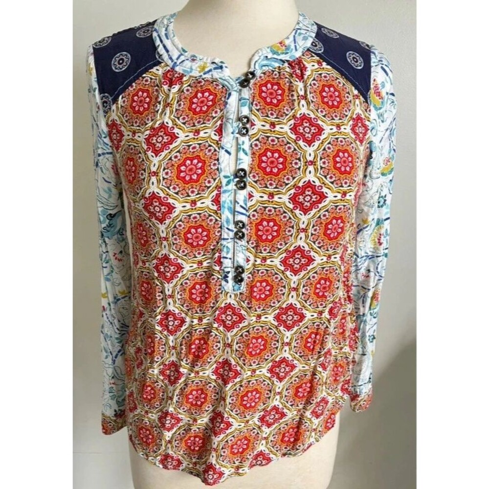 Anthropologie Maeve Boho Medallion Floral Blouse Size 2 XS Mixed Print Tunic
